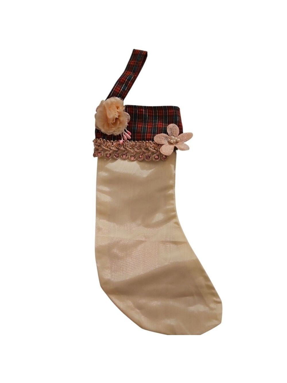 Handmade Upcycled Plaid Christmas Stocking Pink Floral Accent 10 Inch